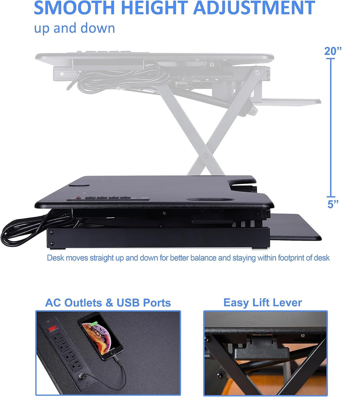 Rocelco 46" Standing Desk Converter with AC USB Charger and Dual Monitor Stand - Height Adjustable Three Screen Riser Computer Workstation - Sliding Keyboard Tray - Black (R DADRB-46-ACUSB-DM3)