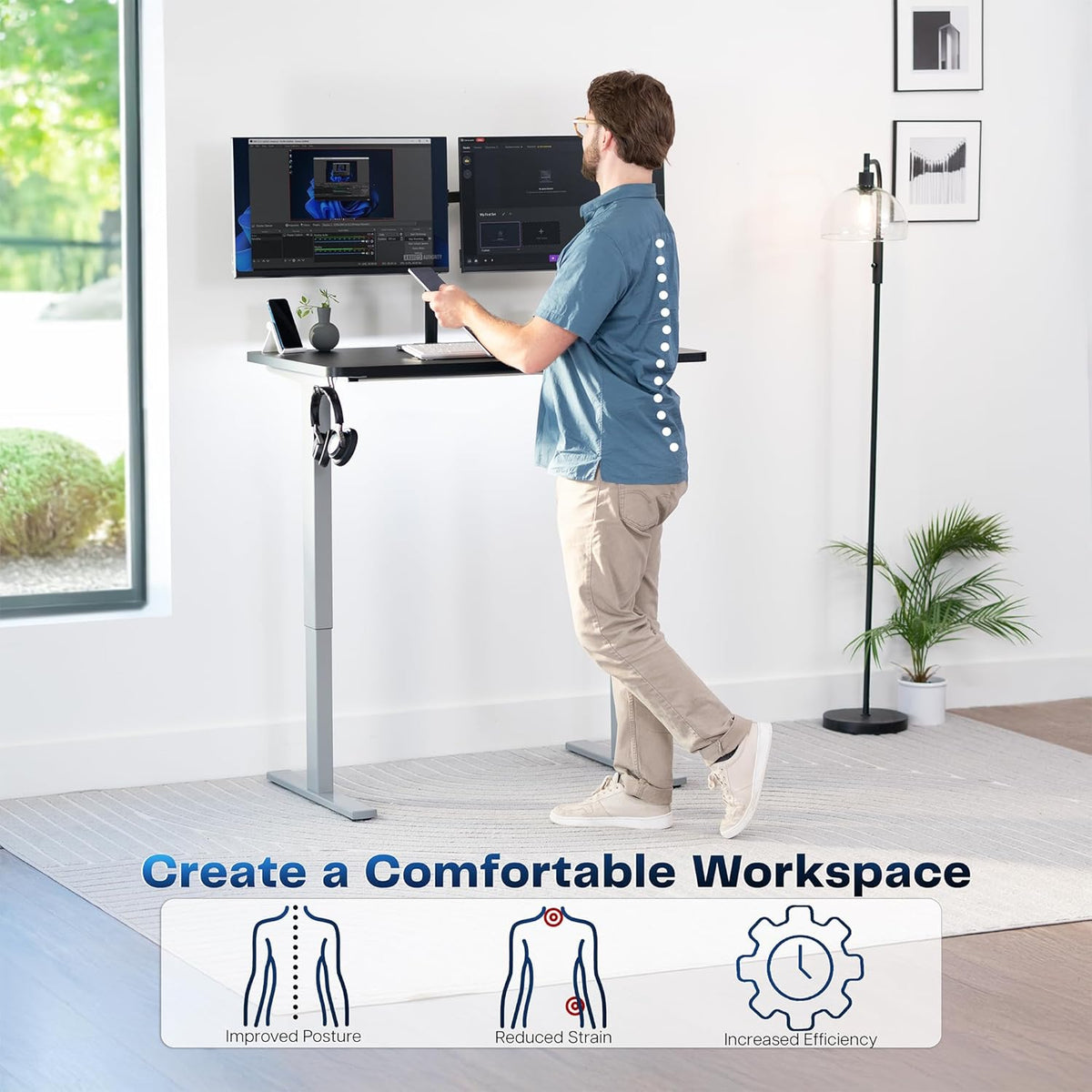 VIVO Electric 43 x 24 in Standing Desk, Memory Height Adjustment, 1B Series, One-Piece Black Top, Gray Frame, DESK-KIT-1G4B