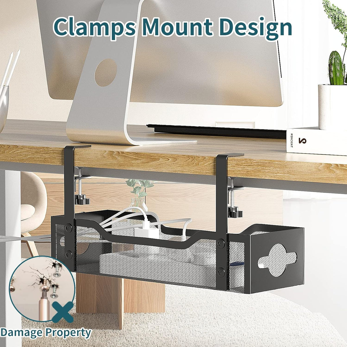 Under Desk Cable Management Tray 3 Pack, Cable Management Under Desk No Drill, Cable Organizer with Clamp for Wire Management, Cord Organizer for Office, Home - No Damage to Table (Black)