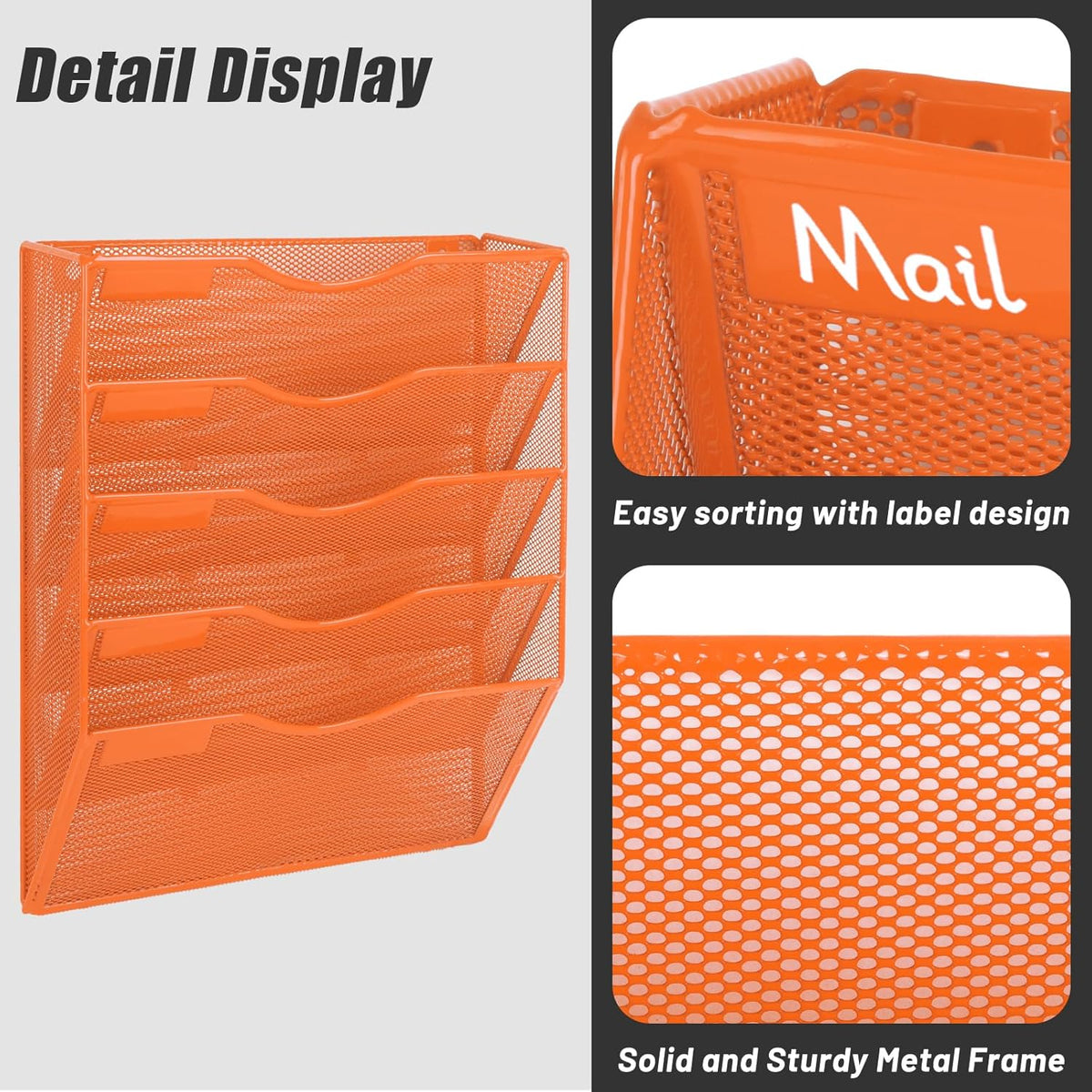 EASEPRES 5 Pocket Mesh Hanging Wall File Organizer, Wall Mounted Mail Paper Document Folder Holder, Clipboard Storage Organization Magazine Rack with Nametag Label for Office Home School, Orange