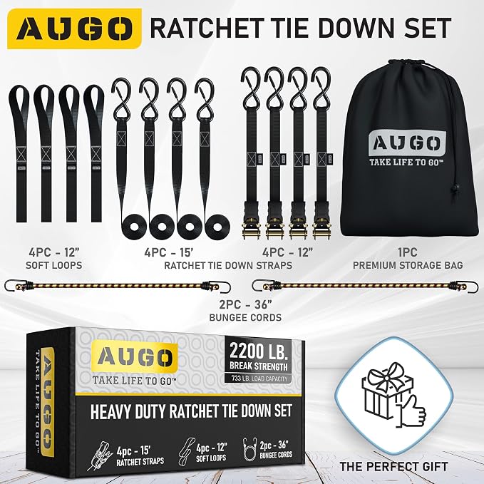 AUGO Ratchet Straps Heavy Duty 4 Pack -15 FT - 2200 LB Break Strength – - Cargo