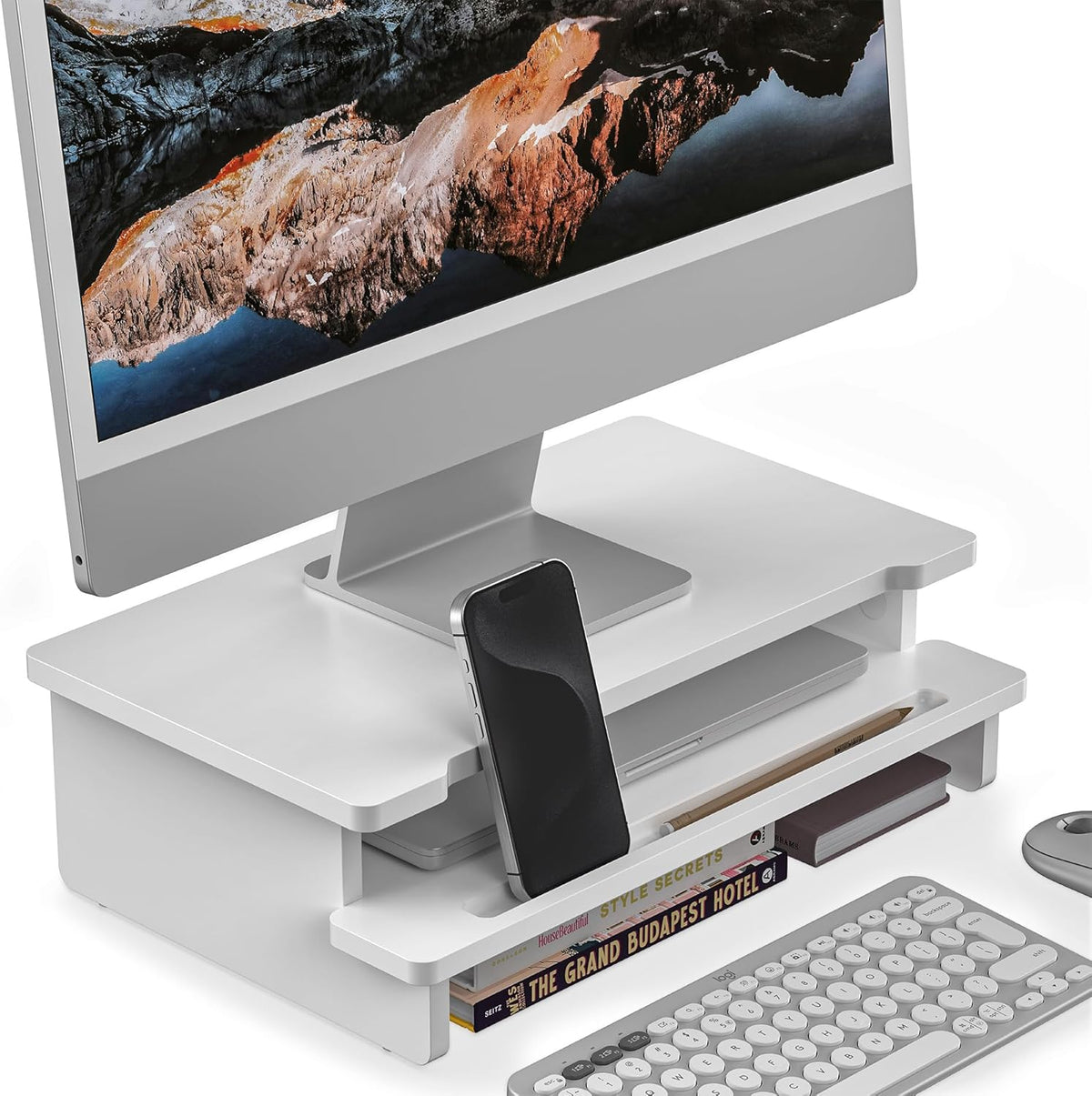 Monitor Stand Monitor Stand Riser for Desk,Wood Desk Shelf Storage Organizer with Phone Tablet Holder (16.5 Inch, White)