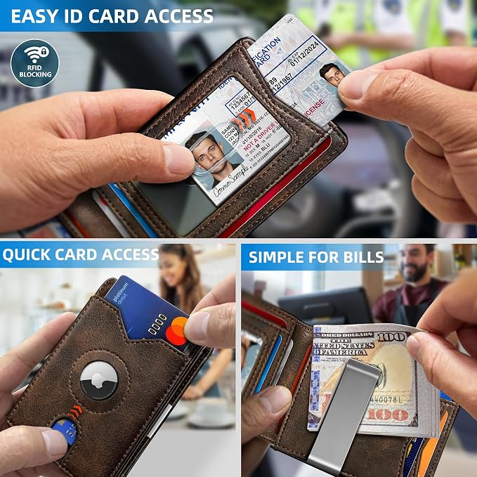 Airtag Wallet for Men, with Money Clip 11 Cards Slim Front Pocket Leather RFID