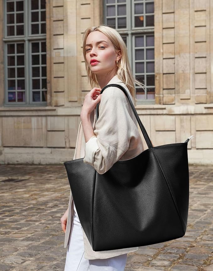 KALIDI Large Tote Bag Vegan Leather Casual Zipper Work Bag Weekender Hobo