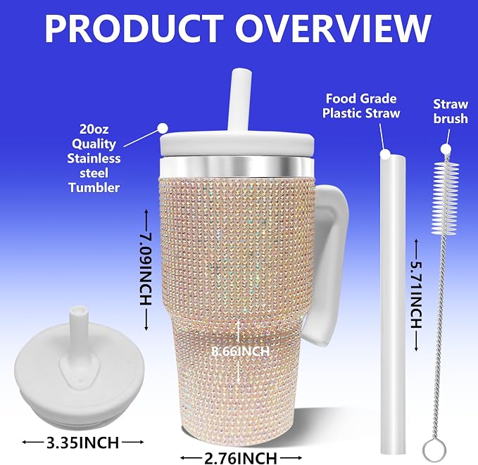 20-OZ Insulated Water Bottle,Insulated Stainless Steel Tumbler,Reusable Cold Drink Thermos,BPA-Free, Double-Wall Stainless Steel Water Bottle (White-Diamond, 20, Fluid Ounces)