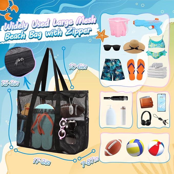 Tagitary Mesh Beach Bag with Zipper Large Beach Tote Waterproof Sandproof with