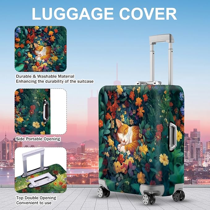 ANNA QUEEN Dreamy Cat Luggage Cover, Cat Sleeping in a Flower Field Design