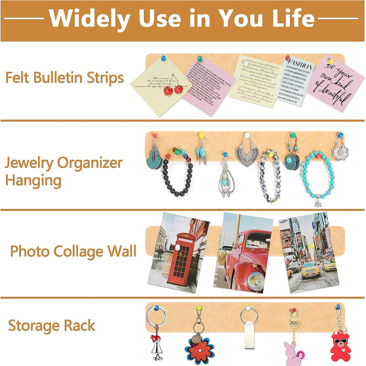 5 Pack Felt Pin Board Bar Strips Bulletin Board for Bedrooms Offices Home Wall Decoration, Notice Board Self Adhesive Cork Board with 35 Push Pins for Paste Notes, Photos, Schedules (Peach)
