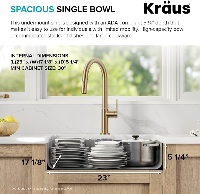 KRAUS Dex 25-inch Undermount 16 Gauge Stainless Steel Single Bowl ADA Kitchen