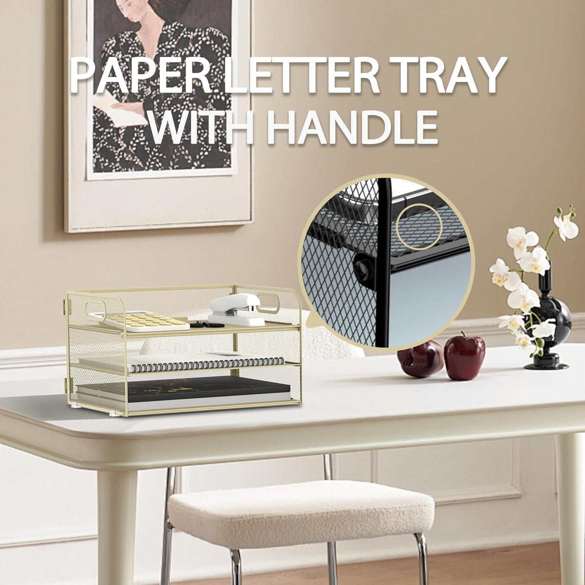 Supeasy 3 Tier Paper Organizer with Handle, Mesh Desk Organizer Letter Tray, Paper Tray File Organizer for A4 File Folder, Yellow