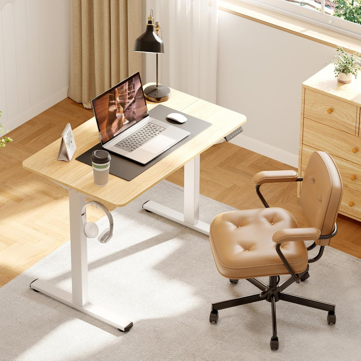 Adjustable Stand Up Desk Standing Desk, 40x24 Inches Home Office Desks with Memory Preset Computer Workstation, Splice Maple Top + White Frame