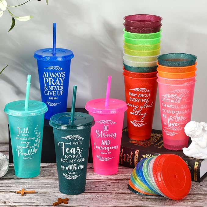 Havawish 24 Pcs Mothers Day Christian Tumbler Gift Bulk Religious Inspirational 24 oz Drinking Jesus Cup with Lid Straw Bible Verse Plastic Cup for Church Father Teacher First Communion (Colour)