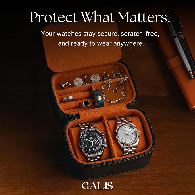 Galis Luxury Watch Case for Men High End Portable 2-Slot Watch Holder and Watch