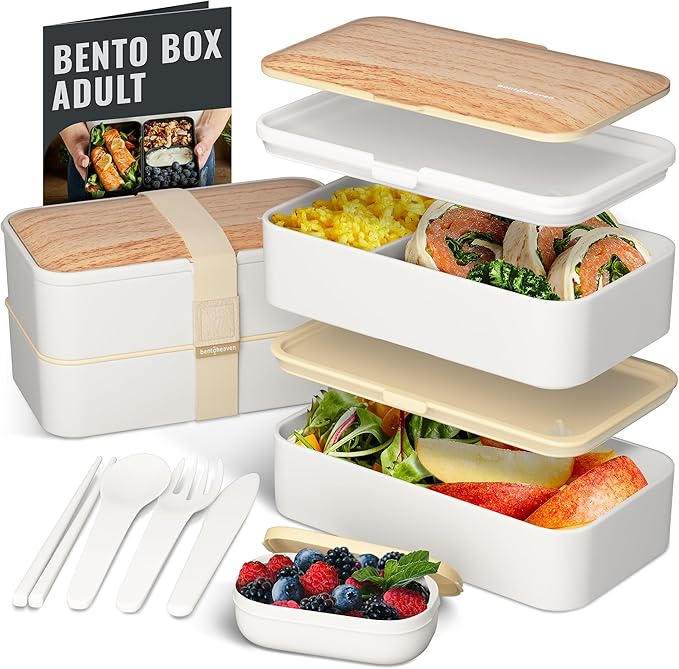Bentoheaven Premium Bento Box Adult Lunch Box with Compartments for Women & Men, Set of Utensil & Chopsticks & Dip Container, Cute Japanese Kids Bento Lunch Box, Microwavable (Bright Light)