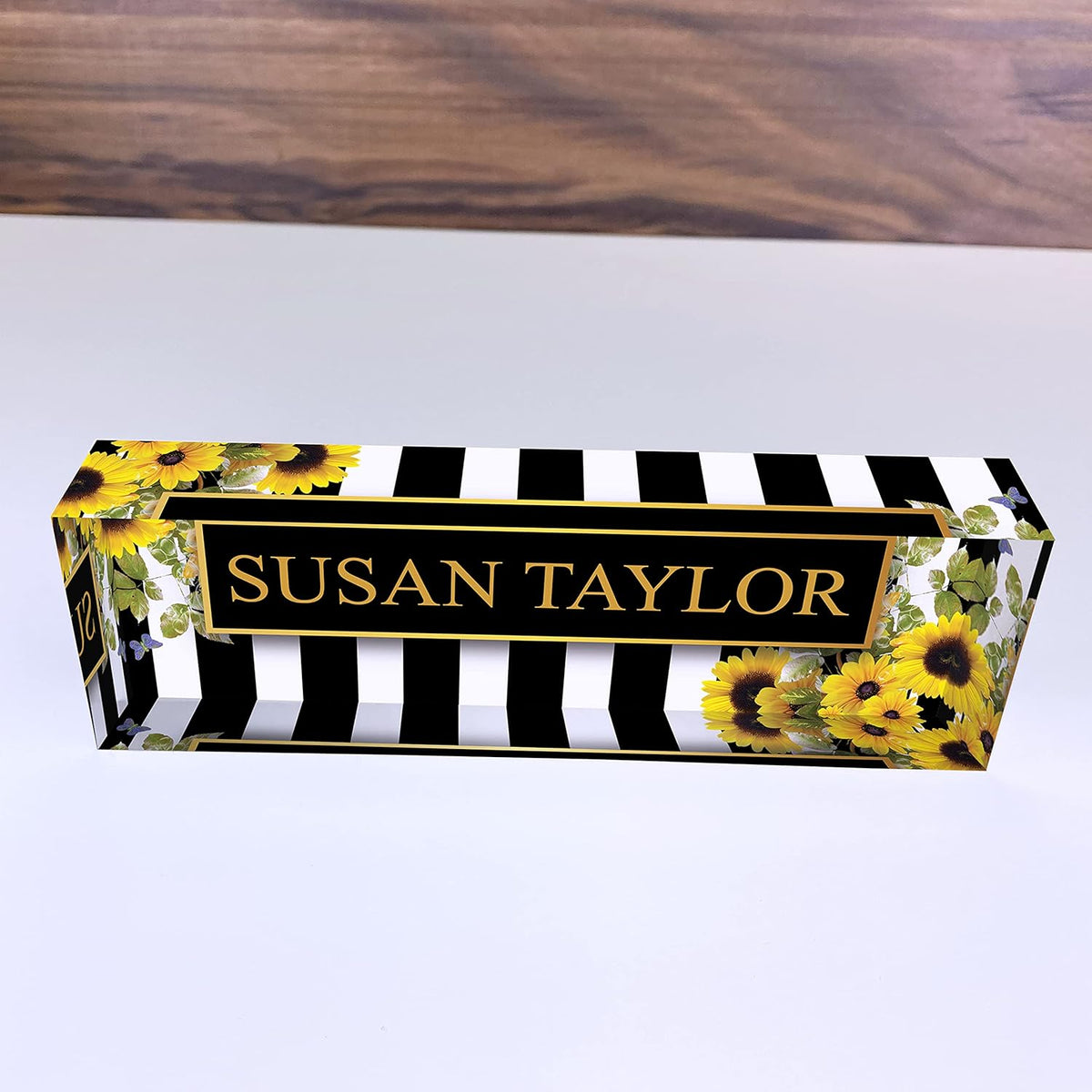 Artblox Office Desk Name Plate Personalized | Custom Name Plates on Acrylic Glass Decor | Office Desk Decor - Sunflowers Design - (8"x2.5")