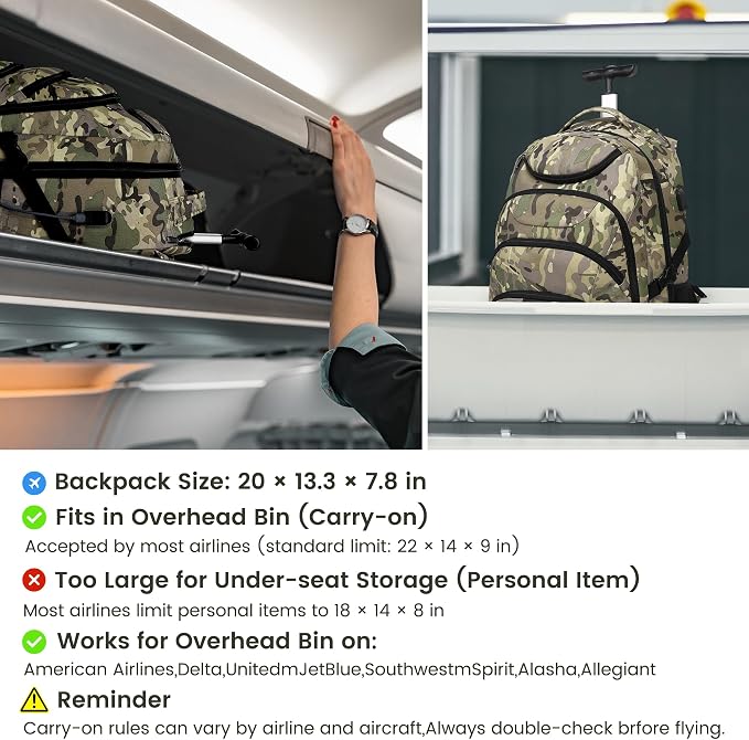 Boavan Rolling Backpack, 17 inch Water Resistant Wheeled Backpack, Carry on