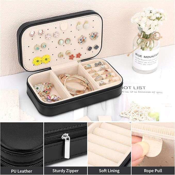 DesignSter Travel Jewelry Box, PU Leather Portable Jewelry Case, Small Jewelry