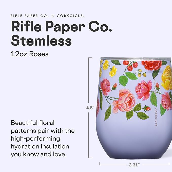Corkcicle Stemless Insulated Wine Glass Tumbler - Keeps Beverages Cold 6 Hrs Hot 3 Hrs - Stainless Steel - Easy-Grip - Gift for Mom - Great for Mother's Day or Christmas - 12 oz - Roses Purple