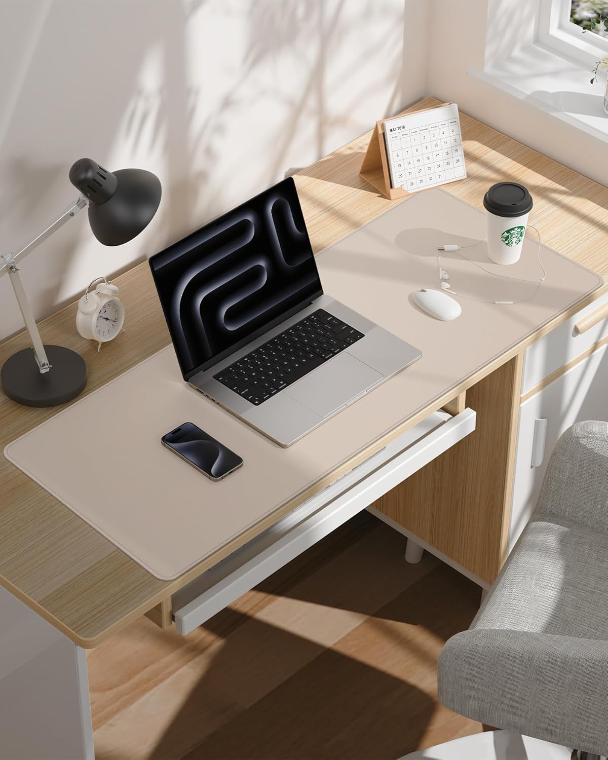 AFIING Extra Large Desk Mat - 55"x 24" Non-Slip Desk Pad for Office and Home - Ideal for Large Mouse Pad and Desk Mats on Top of Desks(Beige)