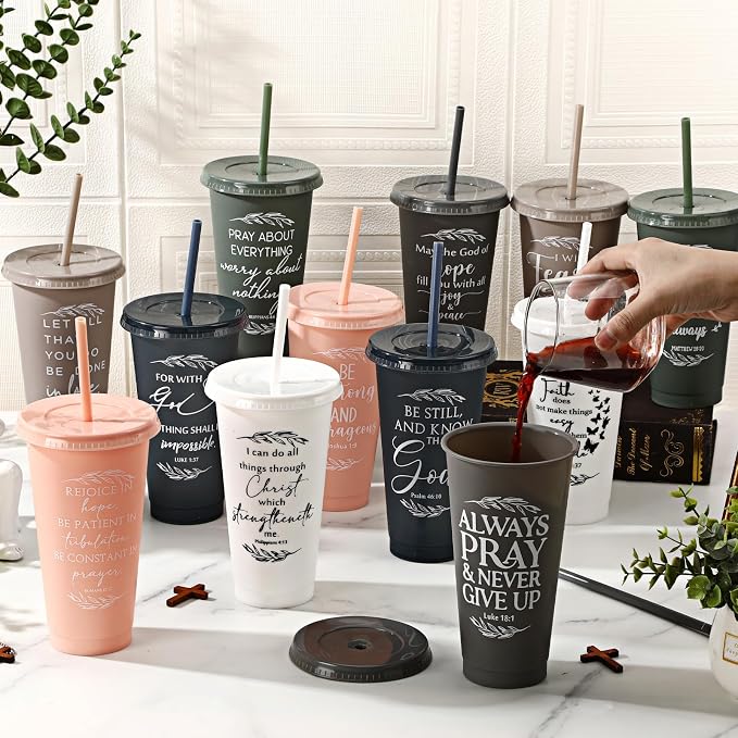 Havawish 24 Pcs Mothers Day Christian Tumbler Gift Bulk Religious Inspirational 24 oz Drinking Jesus Cup with Lid Straw Bible Verse Plastic Cup for Church Father Teacher First Communion (Vivid Color)