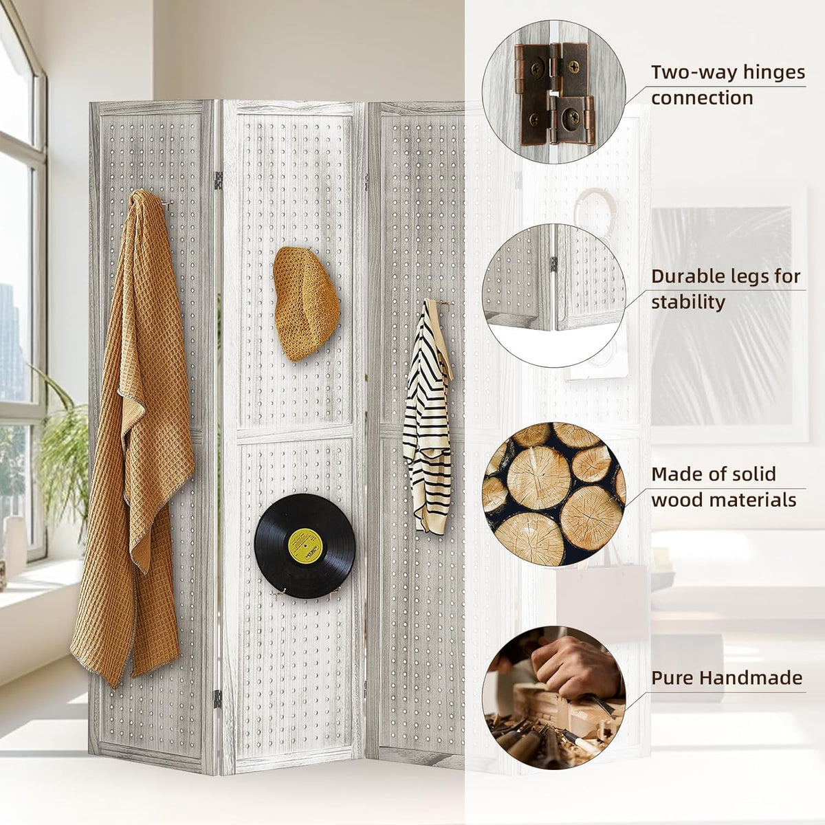 4 Panel Pegboard Display with 16 Hooks, Wooden Room Divider Wall and Folding Privacy Screens, Privacy Dividers for Rooms, Pegboard Room Divider, Jewelry Store, Retail Store, Bedroom, White