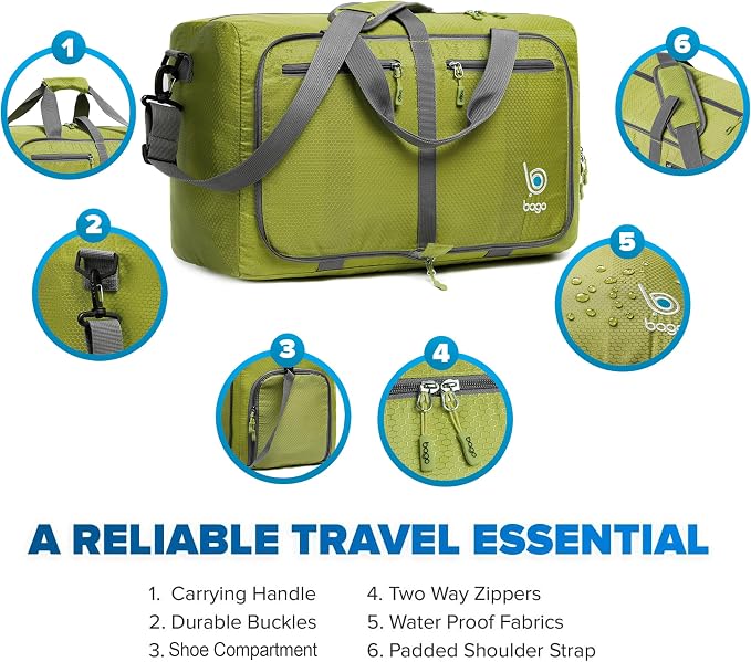 Bago Foldable Duffel Bags for Traveling Women & Men - 40L Sports Packable
