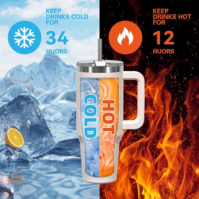 30 oz Tumbler with Handle,Tumbler with Lid and Straw,Double Wall Insulated Cup Stainless Steel Travel Mug(Cold for 34 Hours),Water Bottle for Iced Tea,Coffee,Cold Beverages(Ivory Beige)