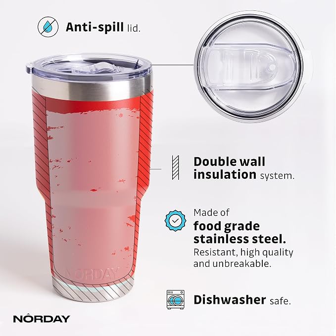 NORDAY | Tumbler with Lid - 30oz - Red Insulated Tumbler - Stainless Steel