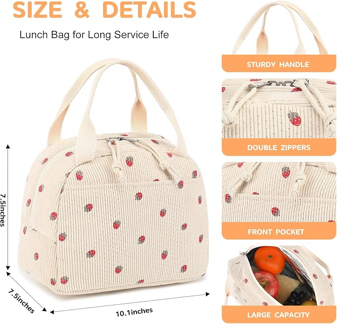 Bluboon Lunch Bag for Women Men Cute Corduroy Lunch Tote Bags Reusable
