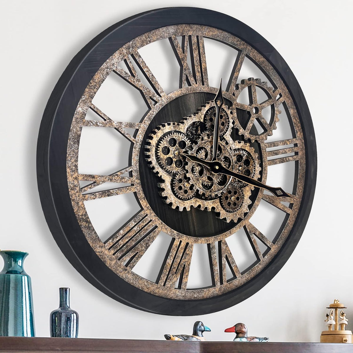 The B-Style Large Wall Clock 18 inch Moving Gear Wall Clock Oversized Vintage Farmhouse Wall Clocks for Living Room Decor Rustic Industrial Wood Clock (Black)