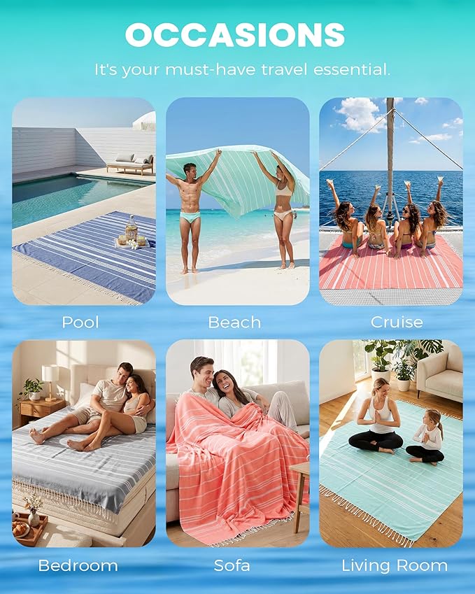 Giant Huge Thin Boho Throw Blanket Turkish Beach Blanket Towel Jumbo Extra Large XL XXL Big Oversized Outdoor Picnic Accessories Airplane Travel Essentials Camping Gears Must Haves Yard Yoga Mat Aqua