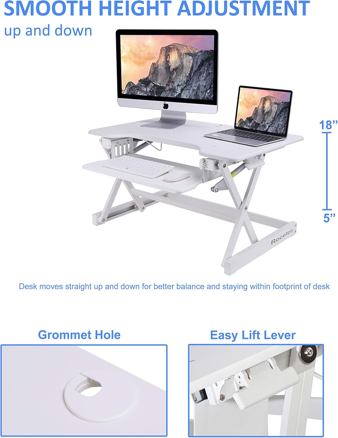 Rocelco 32" Height Adjustable Standing Desk Converter BUNDLE - Sit Stand Computer Workstation Riser with Anti Fatigue Mat - Dual Monitor Retractable Keyboard Tray Gas Spring - Black (R EADRW-MAFM)