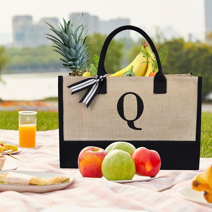 TOPDesign Initial Jute/Canvas Tote Bag, Personalized Present Bag, Suitable
