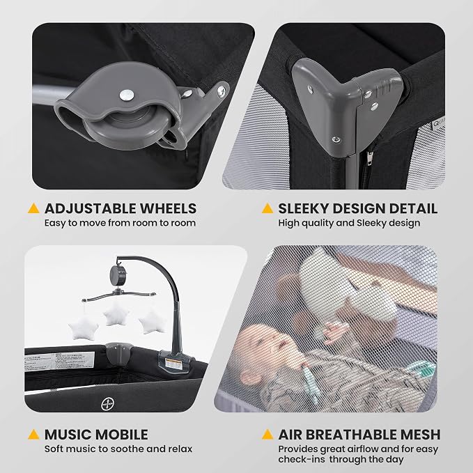 2-in-1 Pack and Play with Mattress, Baby Bassinet Bedside Sleeper, Bedside