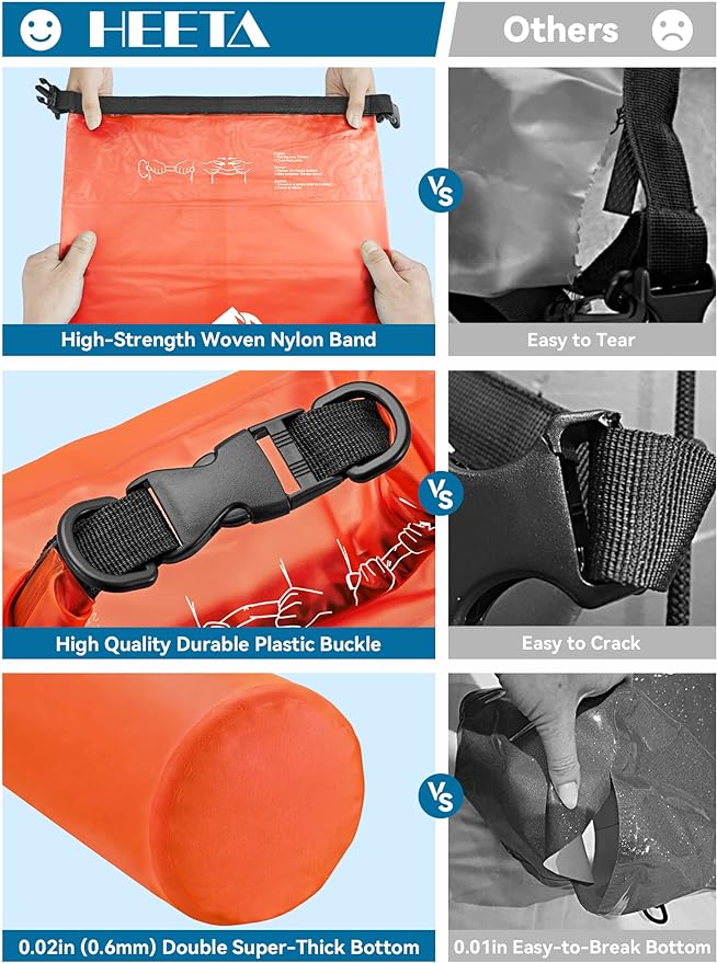 HEETA Dry Bag Waterproof for Women Men, 5L/10L/20L/30L/40L Roll Top Lightweight Dry Storage Bag Backpack with Phone Case for Travel Swimming Boating Kayaking Paddle Board Camping Beach Accessories