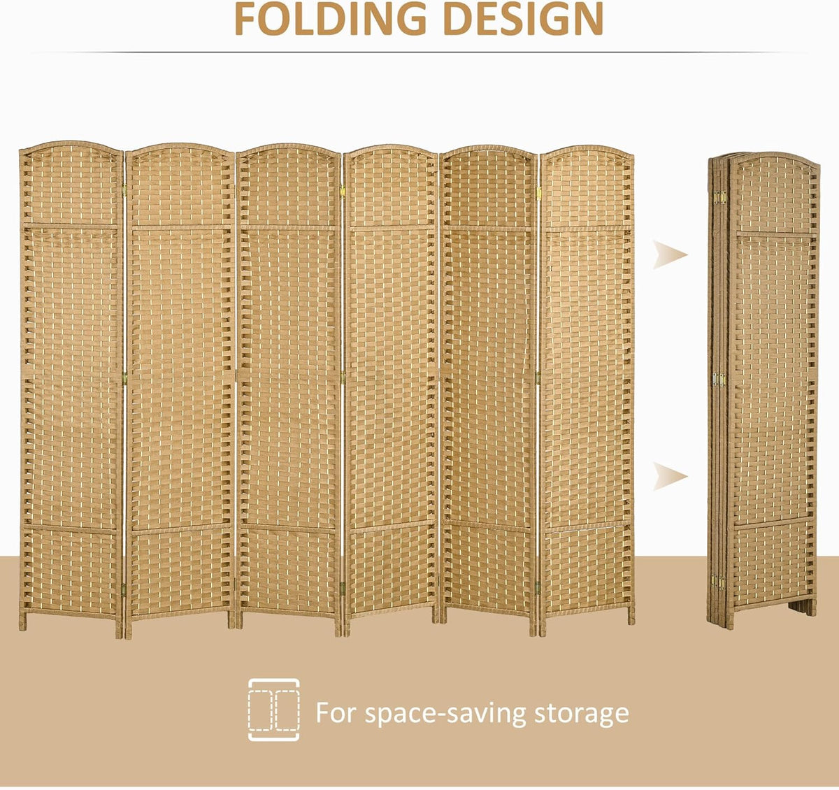 HOMCOM Room Divider, 6 Panel Folding Privacy Screen, 5.6' Tall Freestanding Wall Partition for Home Office, Bedroom, Nature Wood