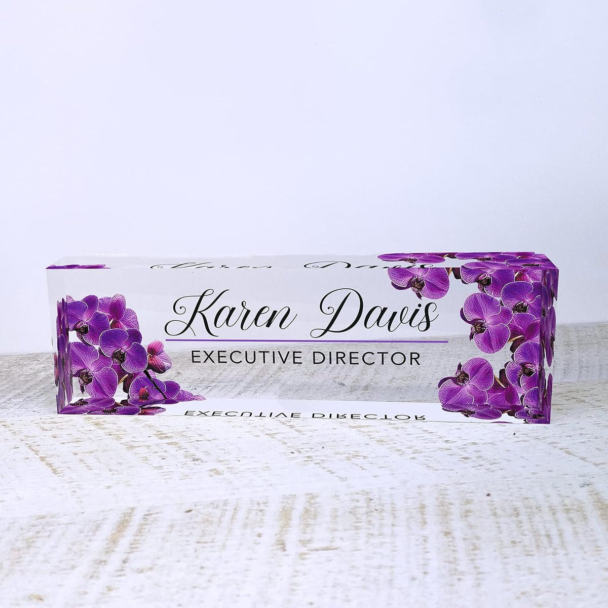 Artblox Office Desk Name Plate Personalized | Custom Name Plates for Desks | Purple Orchid Design On Clear Acrylic Glass | Office Desk Decor - (8" x 2.5")