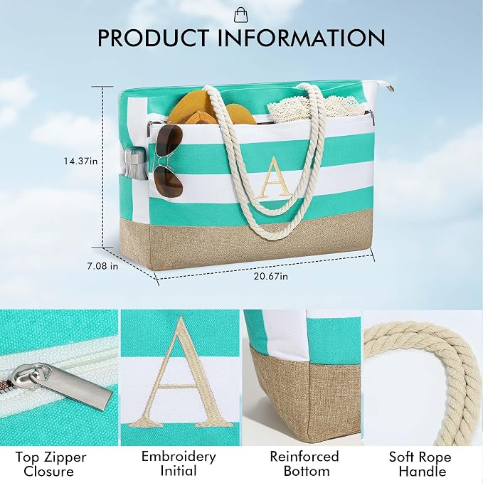 YOOLIFE Large Initial Beach Bag Waterproof Tote Zipper Bag Personalized Gifts