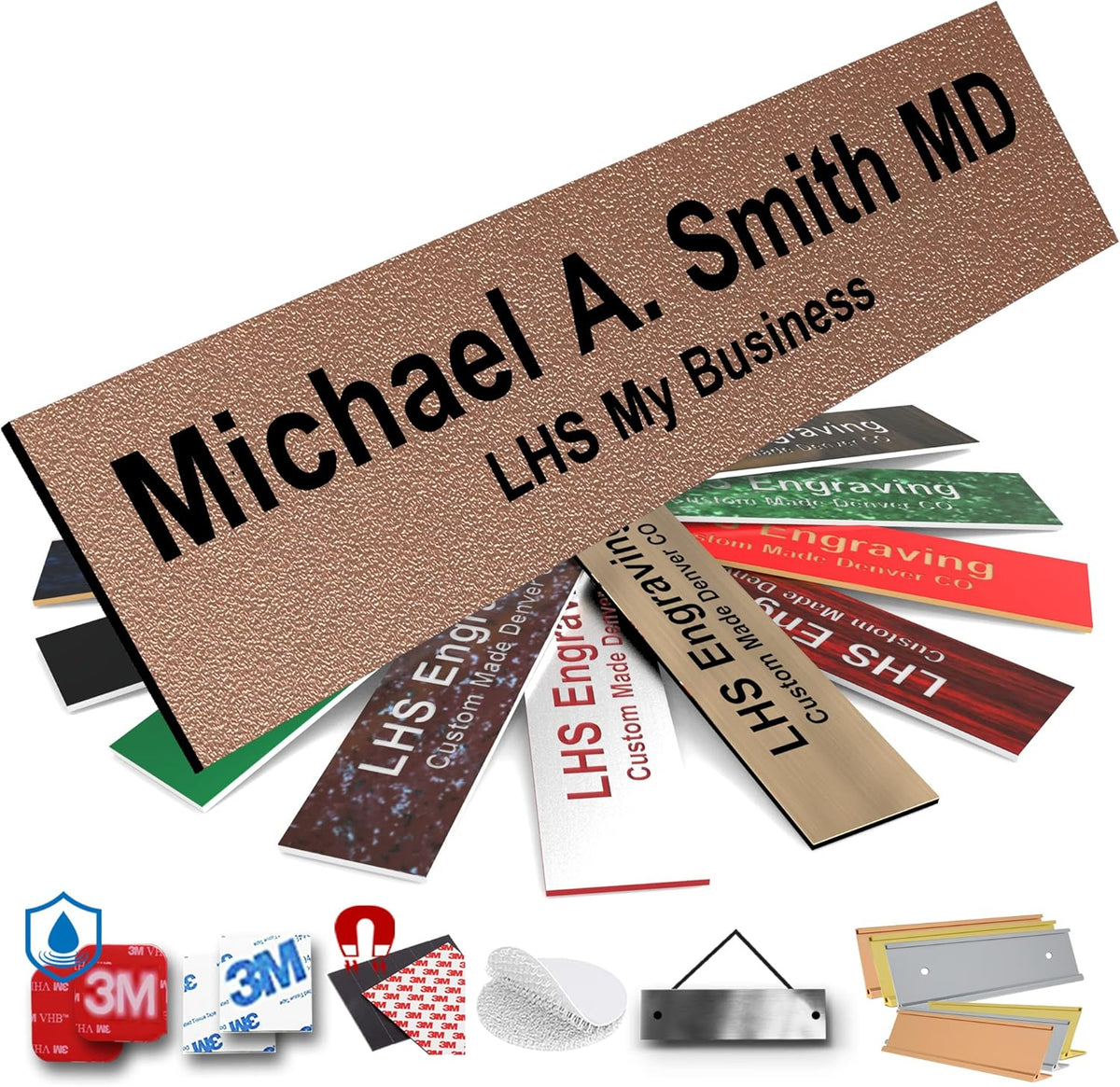 Engraved Name Plates for Door Sign Personalized Textured Copper Plastic Plaque with Black Letters - Made in USA 2x6 M2