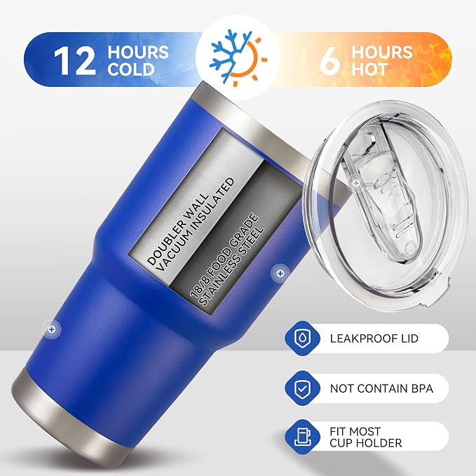 30 oz Tumbler with Lid Stainless Steel Tumblers Bulk Vacuum Insulated Cup Reusable Powder Coated Travel Mug Double Wall Leak Proof Cups Keep Cold Drinks for 12 Hours Blue, Set of 8
