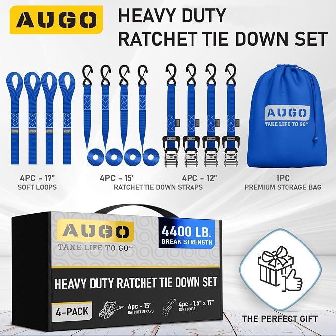 AUGO Heavy Duty Ratchet Straps & Soft Loops – Pack of 4 Extra Strong 1.5” by