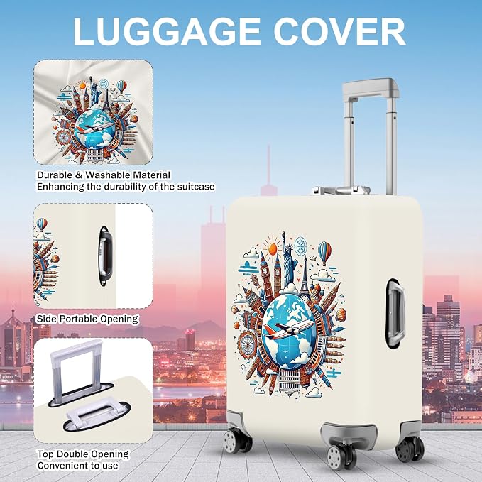 ANNA QUEEN Travel Around the World Luggage Cover, Colorful Landmark Suitcase