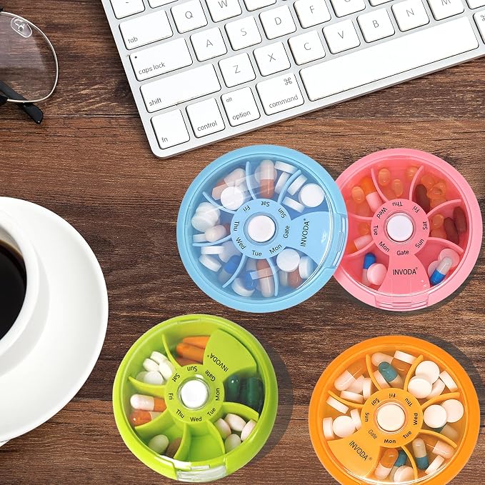 INVODA Weekly Pill Organizer 7 Compartment Rotating Pill Box