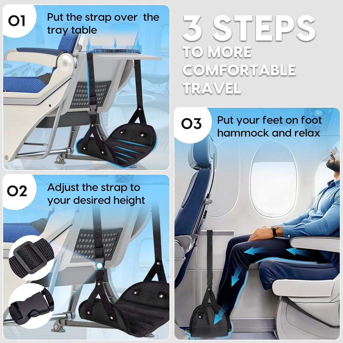 Foot Hammock for Plane Travel, 2-Pack Perfect Airplane Foot Hammock to Relax Your Feet, Portable Airplane Foot Rest with Adjustment Strap, Travel Essentials for Comfortable Long Flight (Black)