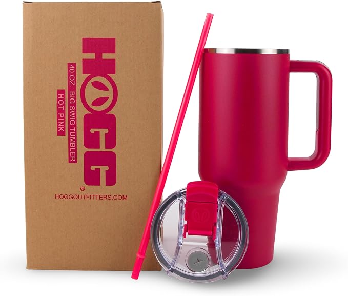 Hogg Big Swig 40 oz Tumbler with Handle and Straw - Hot Pink, 40oz Insulated Stainless Steel, Water Tumbler with Straw, Water Cup with Handle, Versatile Leak Proof Lid