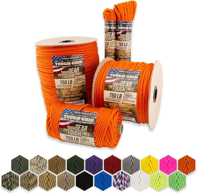 TOUGH-GRID 750 Paracord Rope Nylon Parachute Cord, Made in USA Survival Kit