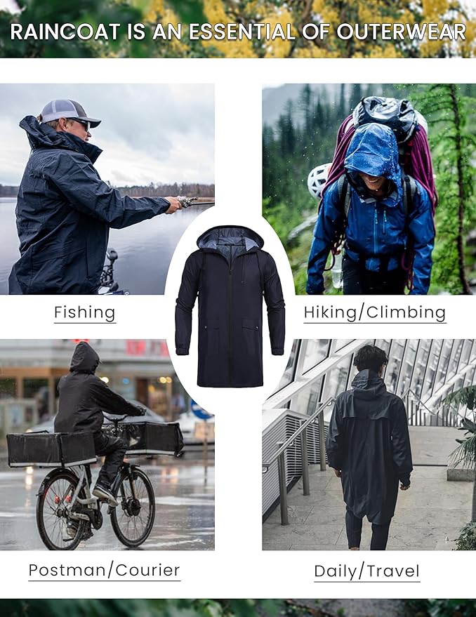 COOFANDY Men's Long Raincoat Ligtweight Rain Jacket Waterproof Outdoor Jackets