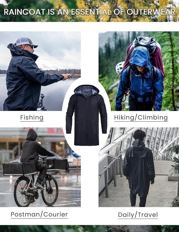 COOFANDY Men's Long Raincoat Ligtweight Rain Jacket Waterproof Outdoor Jackets