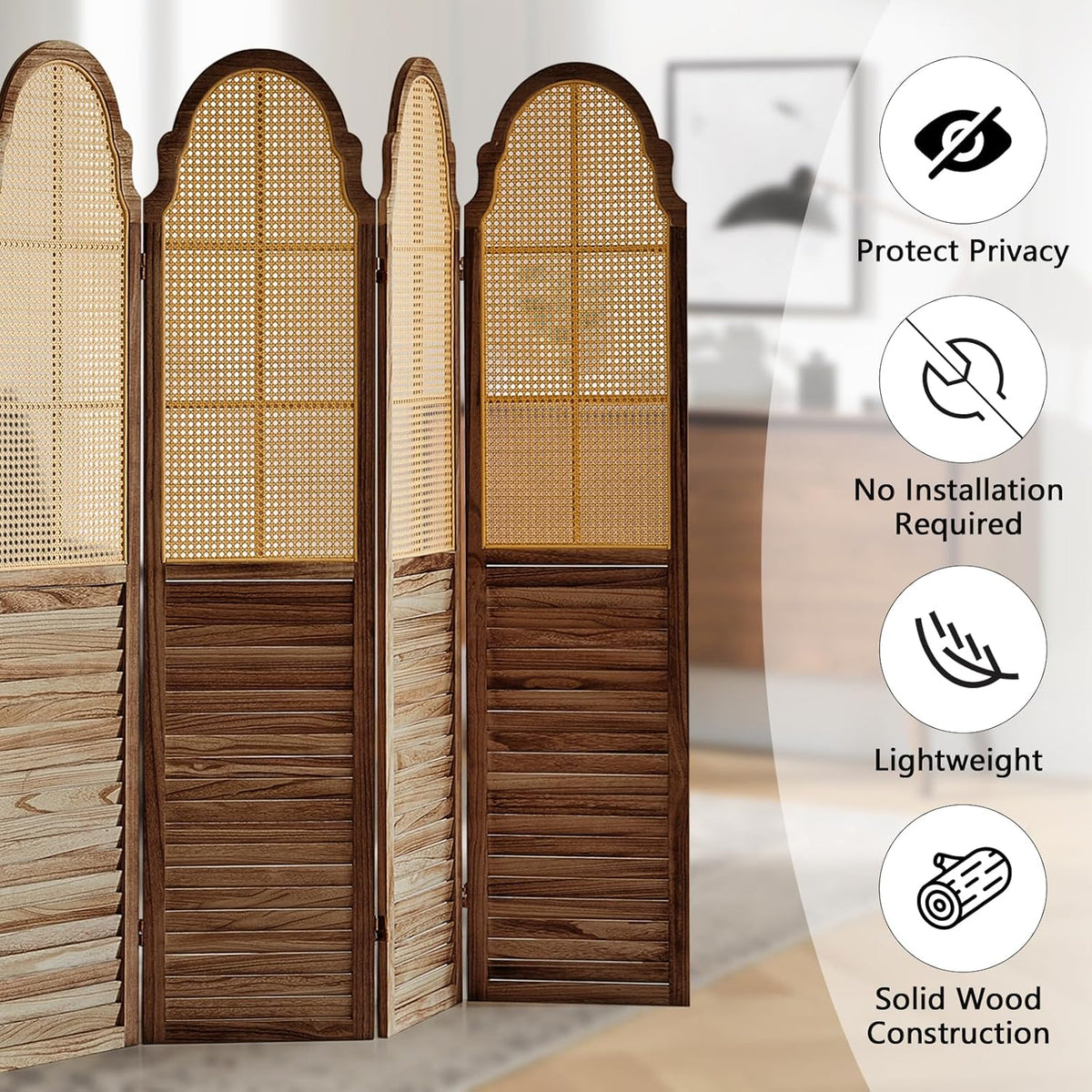 6 Panel Rattan Room Divider Panel, 5.6Ft Partitions and Dividers, Louvered Partition Divider, Room Dividers Screen, Solid Wood Frame, Folding Screen, Bedroom, Family Room, Dark Brown