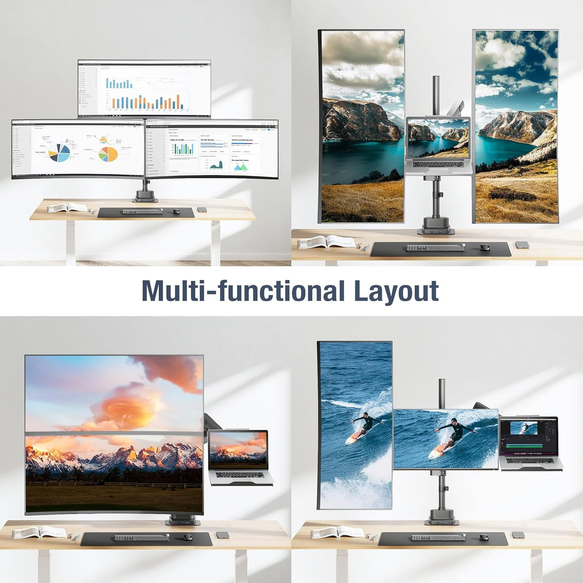 AVLT Laptop & Dual 40 Inch Stacking Monitor Arm Pole Top Mount with USB-C USB-A Ports-Black, Supports 26.4 lbs (12kg), Ultrawide Screen Fit, VESA Compatible, Multi-Screen, Ergonomic Workspace Upgrade